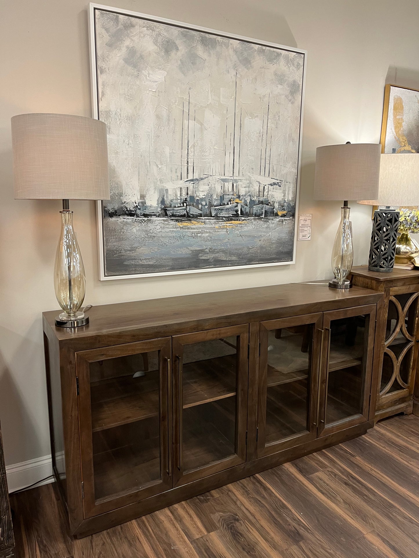 Tristan 72" 4 Door Glass Front Sideboard - Natural + Smoke